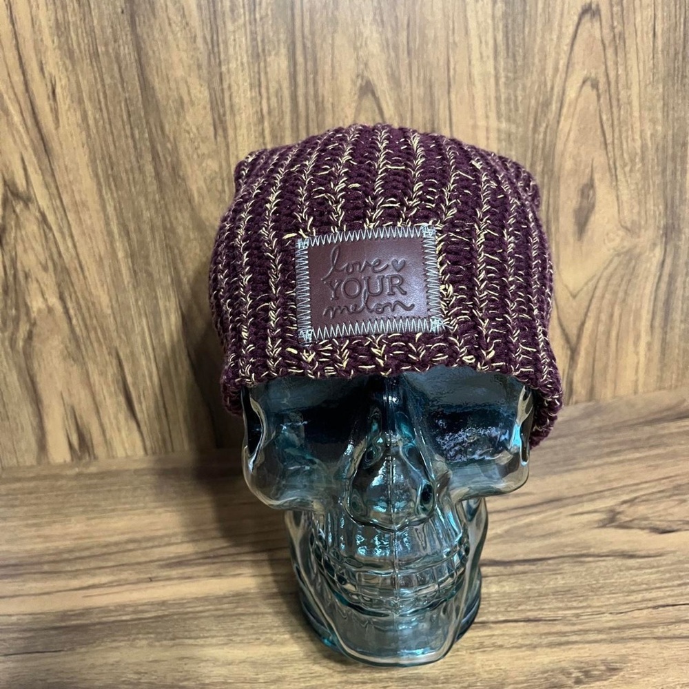 Love Your Melon 100% Cotton Burgundy  yellow Speckled Knit Beanie Hat Unisex